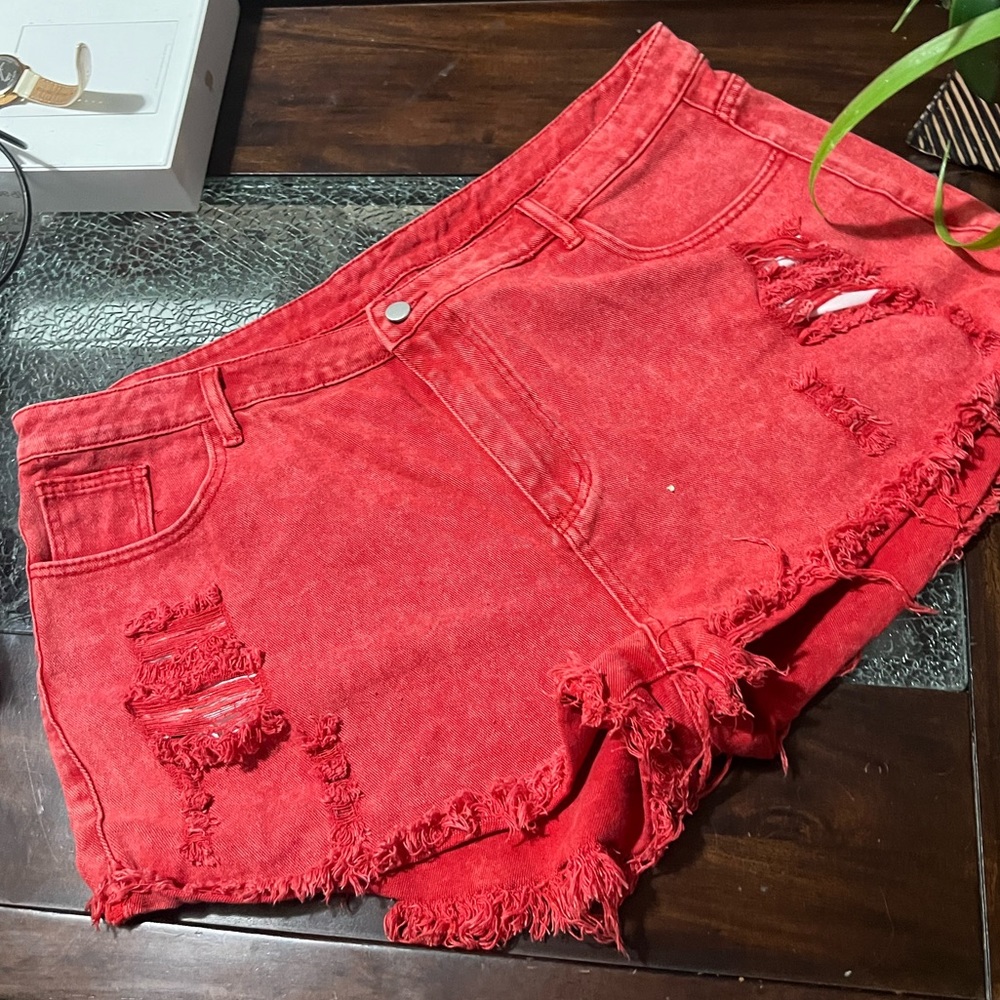 SHEIN Red Distressed Denim Jean Shorts